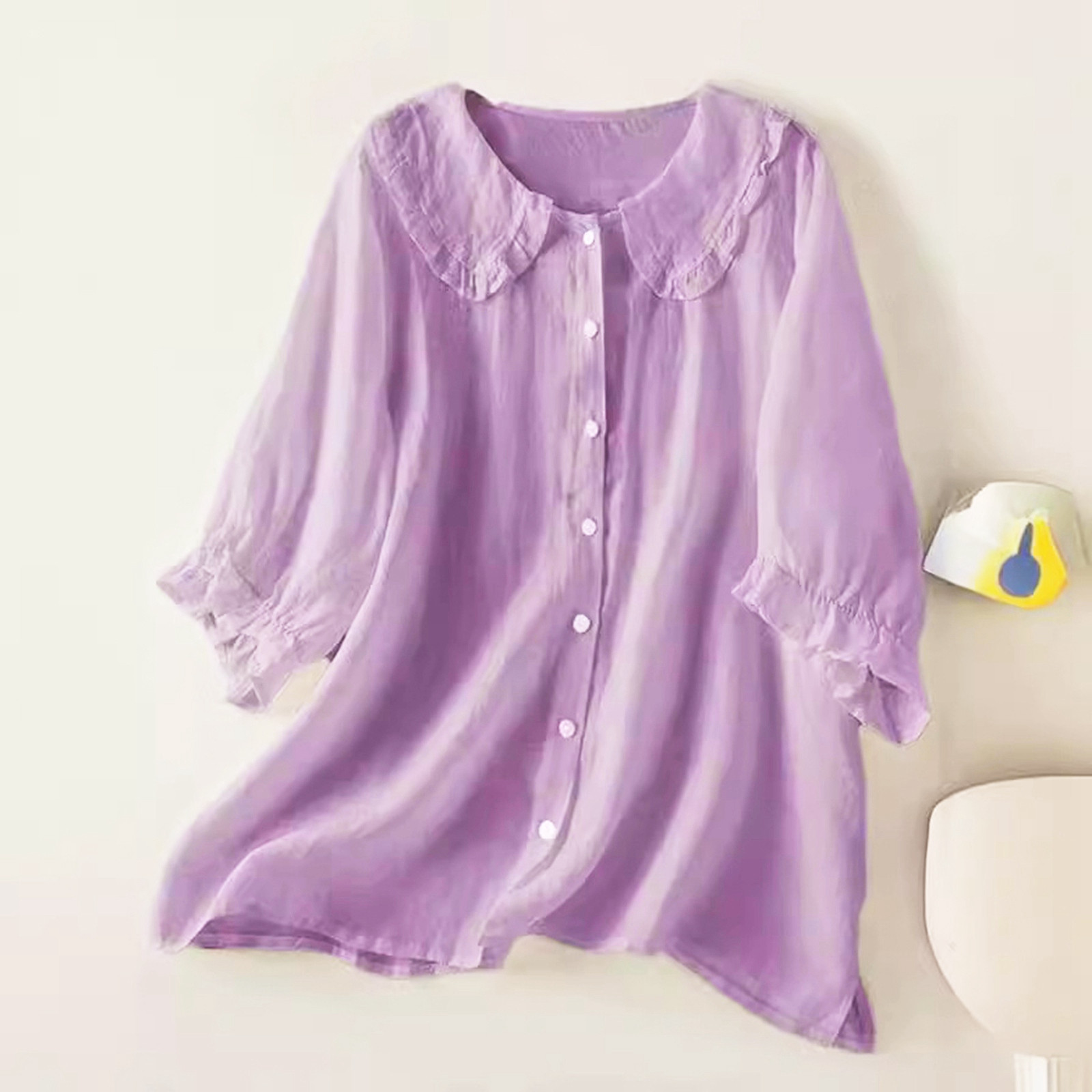 thumbnail image 2 of Camisa de lino de color liso con botones y manga 3/4 para mujer - Top bordado de mezcla de algodón, tallas S-XXXL, 2 of 8